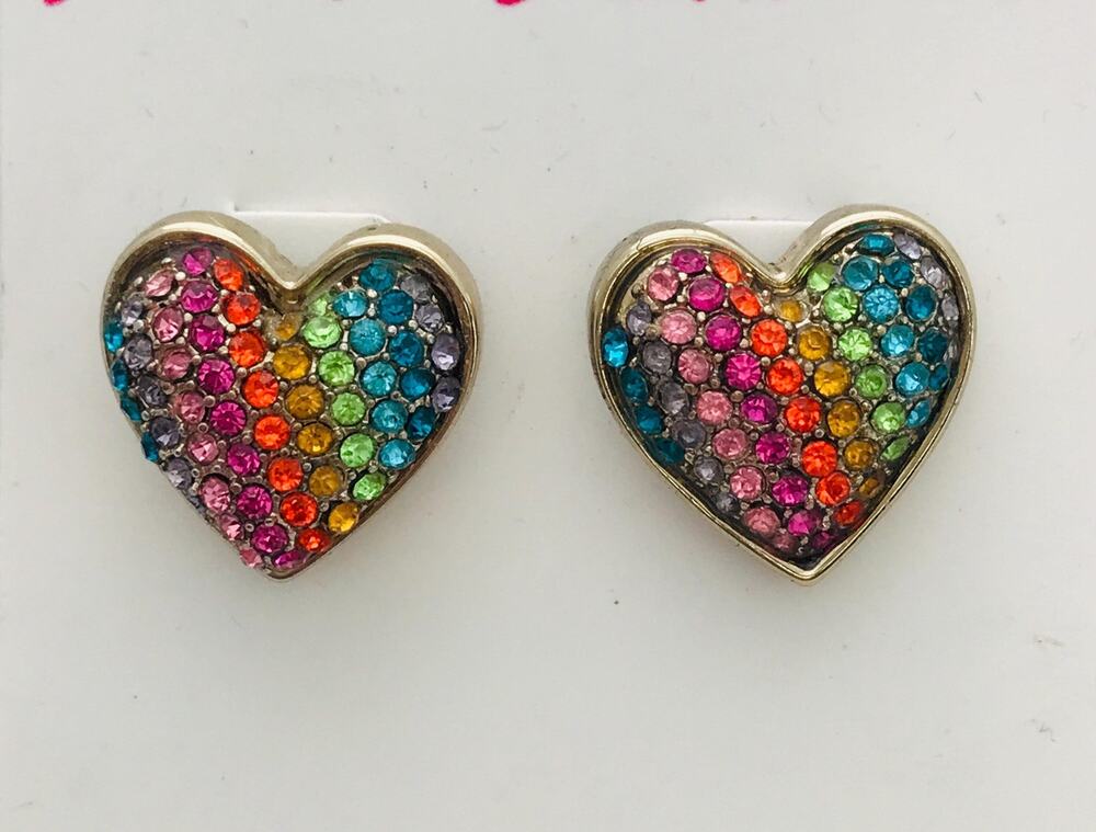 Betsey Johnson Rainbow Heart Rhinestone Earrings Colorful Crystal Studs